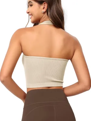 ODODOS Seamless Halter Crop Tops for Women Ribbed Soft V Neck Open Back Cropped Tank Top