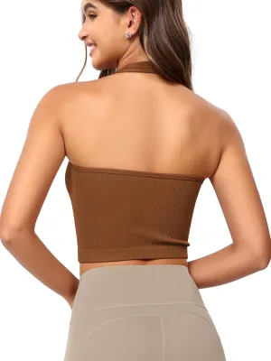 ODODOS Seamless Halter Crop Tops for Women Ribbed Soft V Neck Open Back Cropped Tank Top
