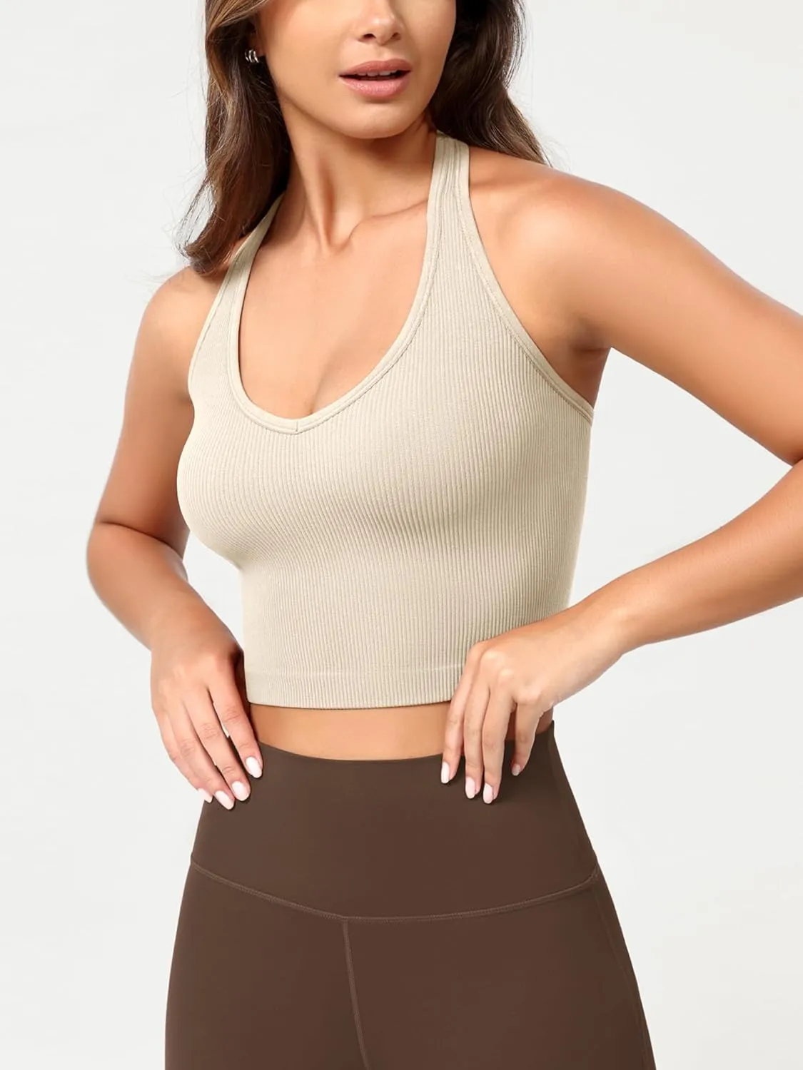 ODODOS Seamless Halter Crop Tops for Women Ribbed Soft V Neck Open Back Cropped Tank Top