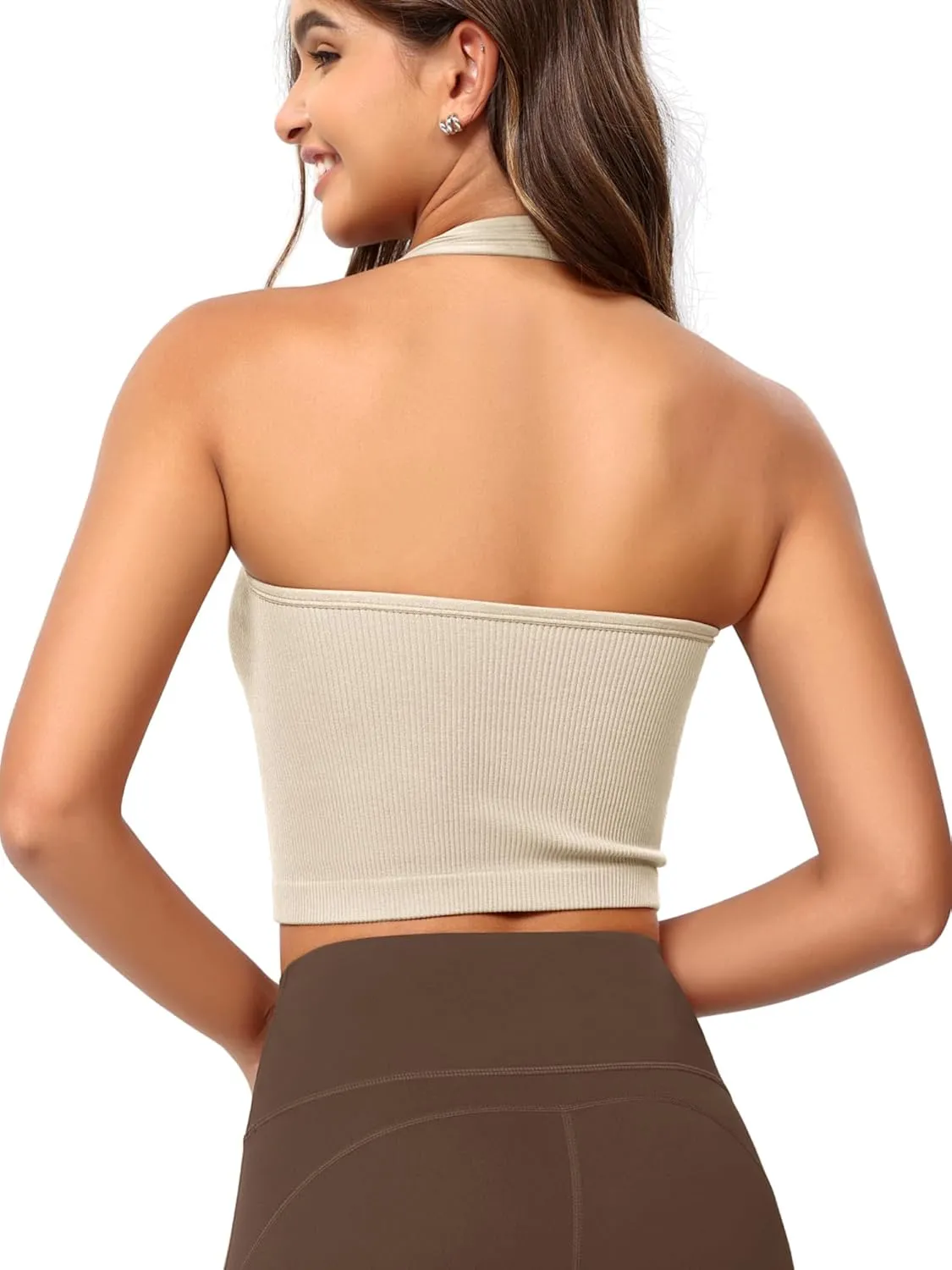 ODODOS Seamless Halter Crop Tops for Women Ribbed Soft V Neck Open Back Cropped Tank Top