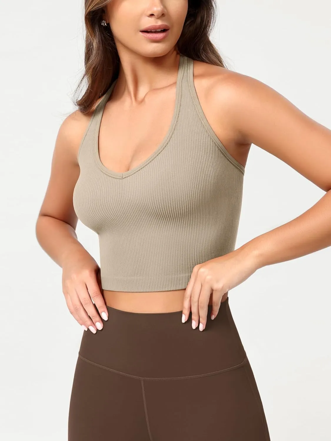 ODODOS Seamless Halter Crop Tops for Women Ribbed Soft V Neck Open Back Cropped Tank Top