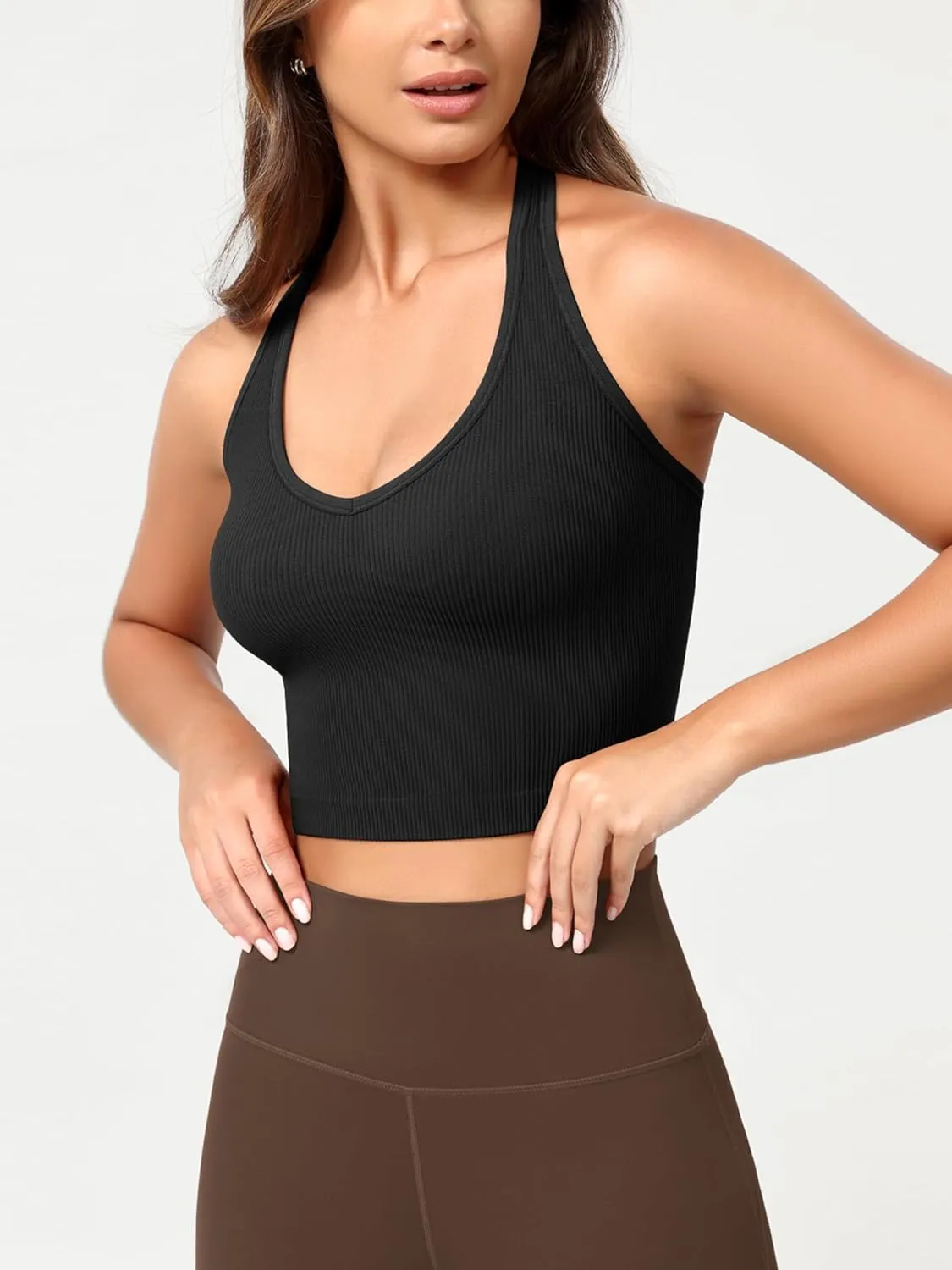 ODODOS Seamless Halter Crop Tops for Women Ribbed Soft V Neck Open Back Cropped Tank Top