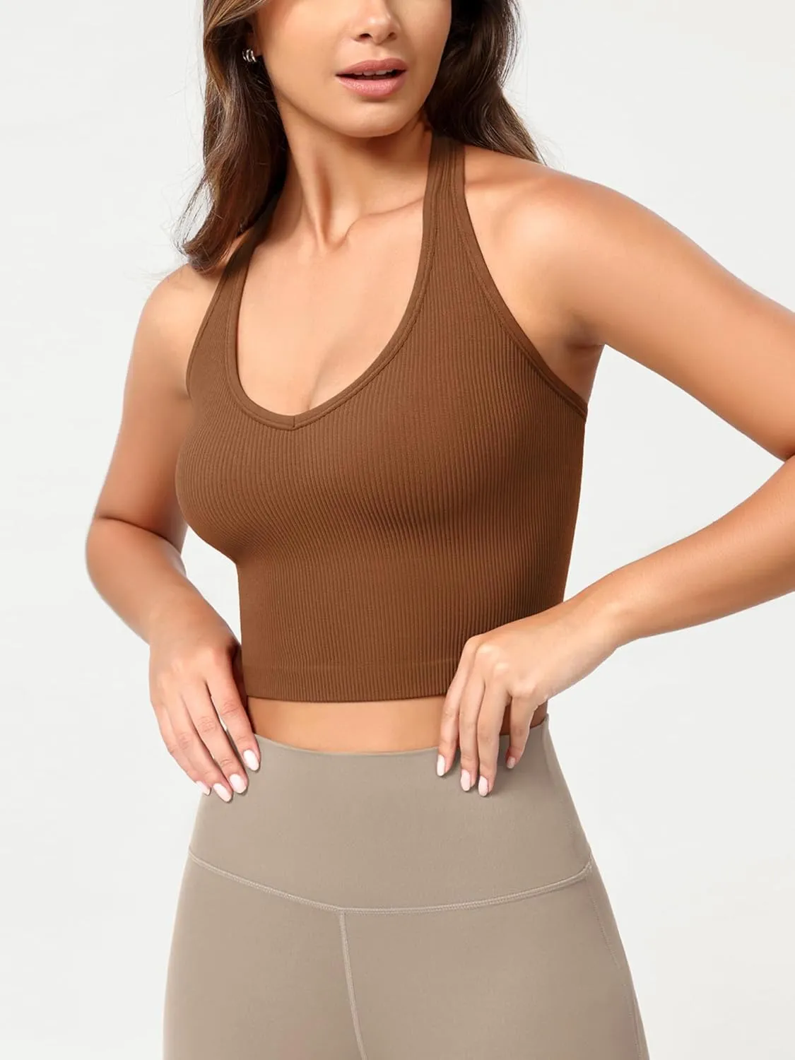 ODODOS Seamless Halter Crop Tops for Women Ribbed Soft V Neck Open Back Cropped Tank Top