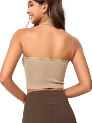 ODODOS Seamless Halter Crop Tops for Women Ribbed Soft V Neck Open Back Cropped Tank Top
