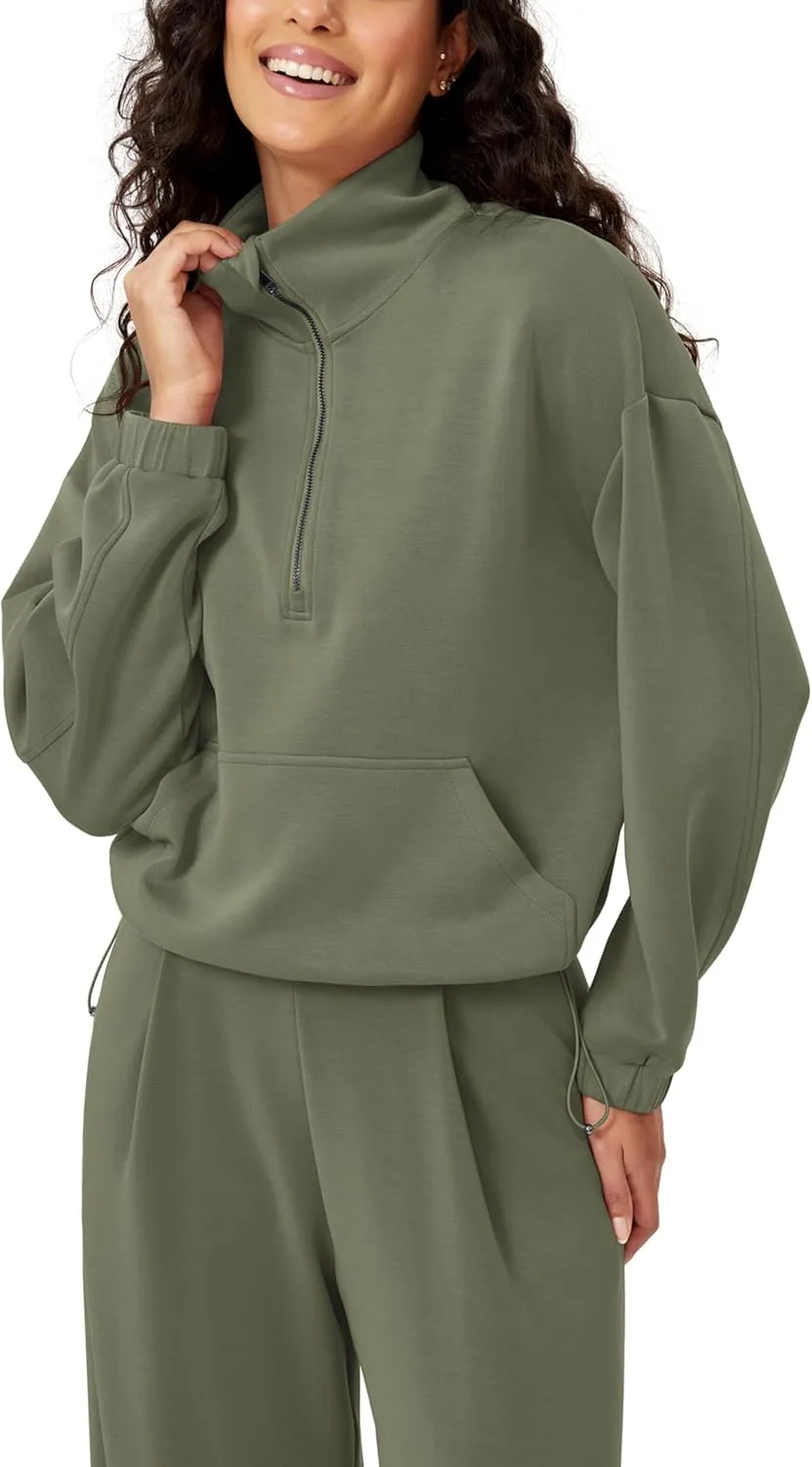 ODODOS Women's Modal Soft Cinchable Sweatshirts Half Zipper Funnel Neck Oversize Pullover with Pockets