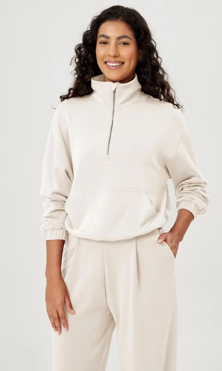 ODODOS Women's Modal Soft Cinchable Sweatshirts Half Zipper Funnel Neck Oversize Pullover with Pockets