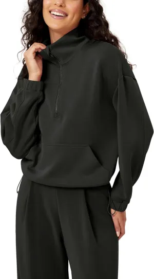 ODODOS Women's Modal Soft Cinchable Sweatshirts Half Zipper Funnel Neck Oversize Pullover with Pockets