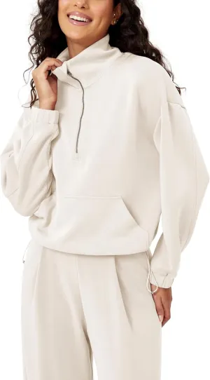 ODODOS Women's Modal Soft Cinchable Sweatshirts Half Zipper Funnel Neck Oversize Pullover with Pockets