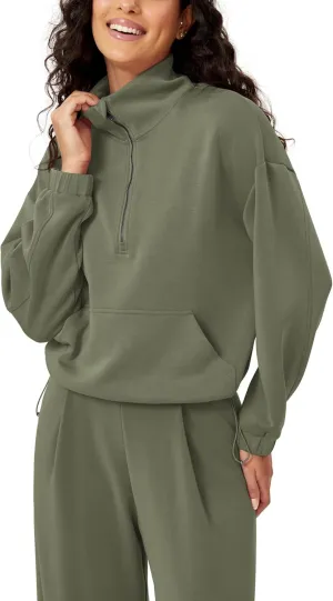 ODODOS Women's Modal Soft Cinchable Sweatshirts Half Zipper Funnel Neck Oversize Pullover with Pockets