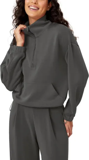ODODOS Women's Modal Soft Cinchable Sweatshirts Half Zipper Funnel Neck Oversize Pullover with Pockets