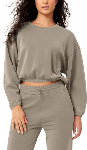 ODODOS Women's Modal Soft Gathered Cropped Sweatshirts Long Sleeve Elastic Hem Crew Neck Pullover Tops