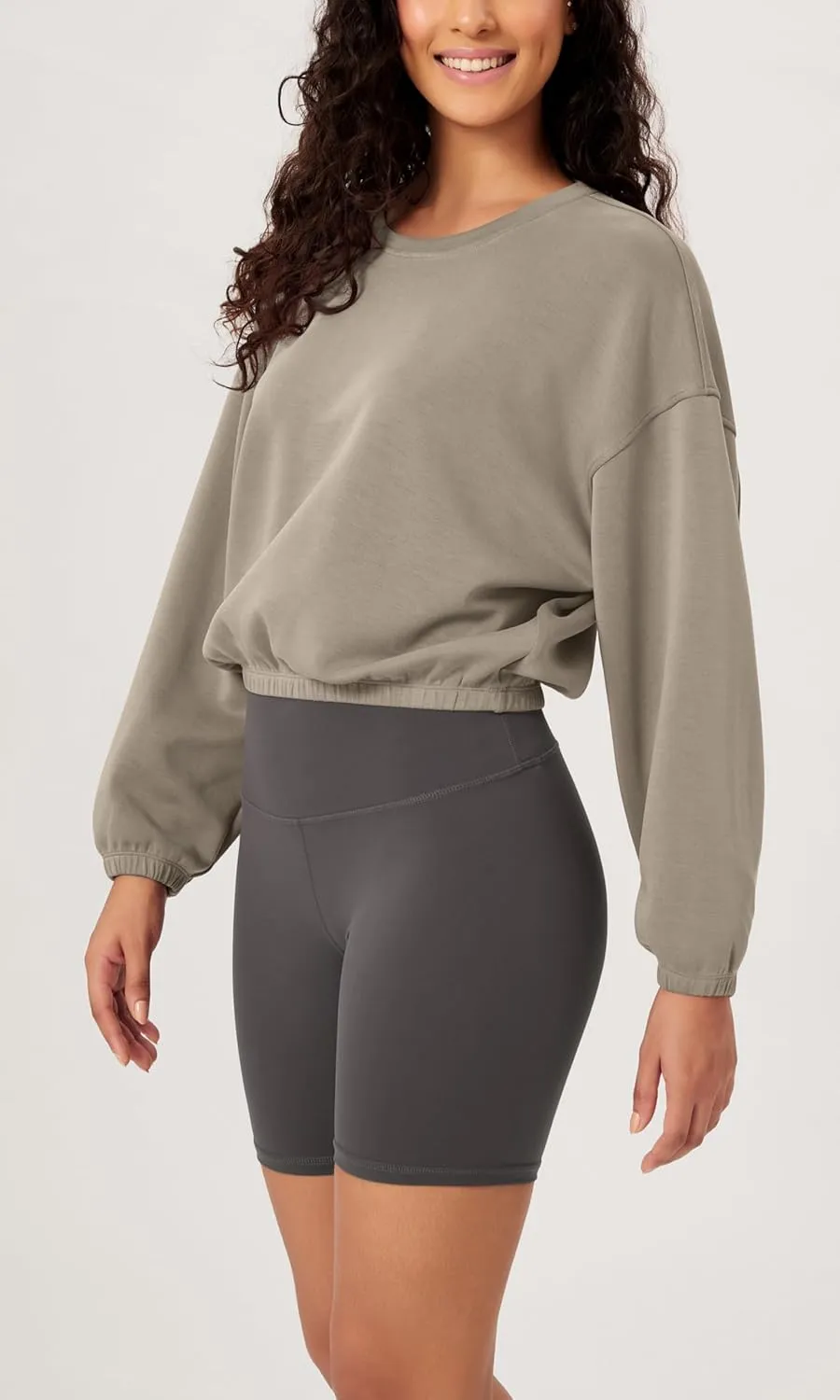 ODODOS Women's Modal Soft Gathered Cropped Sweatshirts Long Sleeve Elastic Hem Crew Neck Pullover Tops