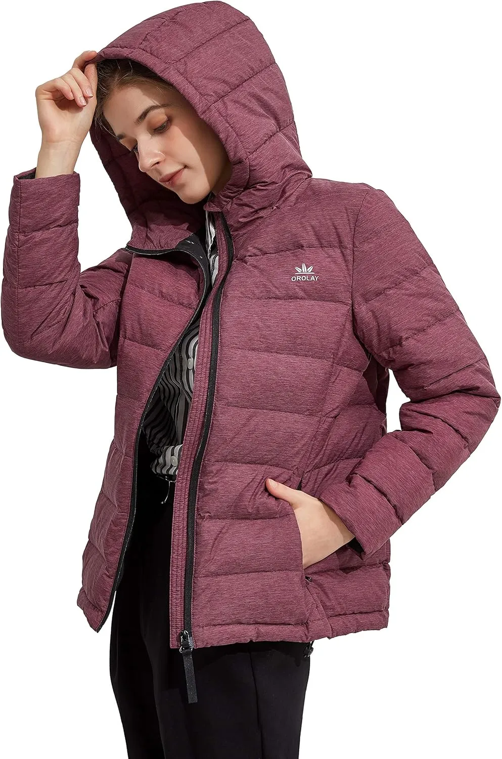 Orolay Women's Light Hooded Down Jacket Bubble Coat Packable Quilted Puffer Jacket