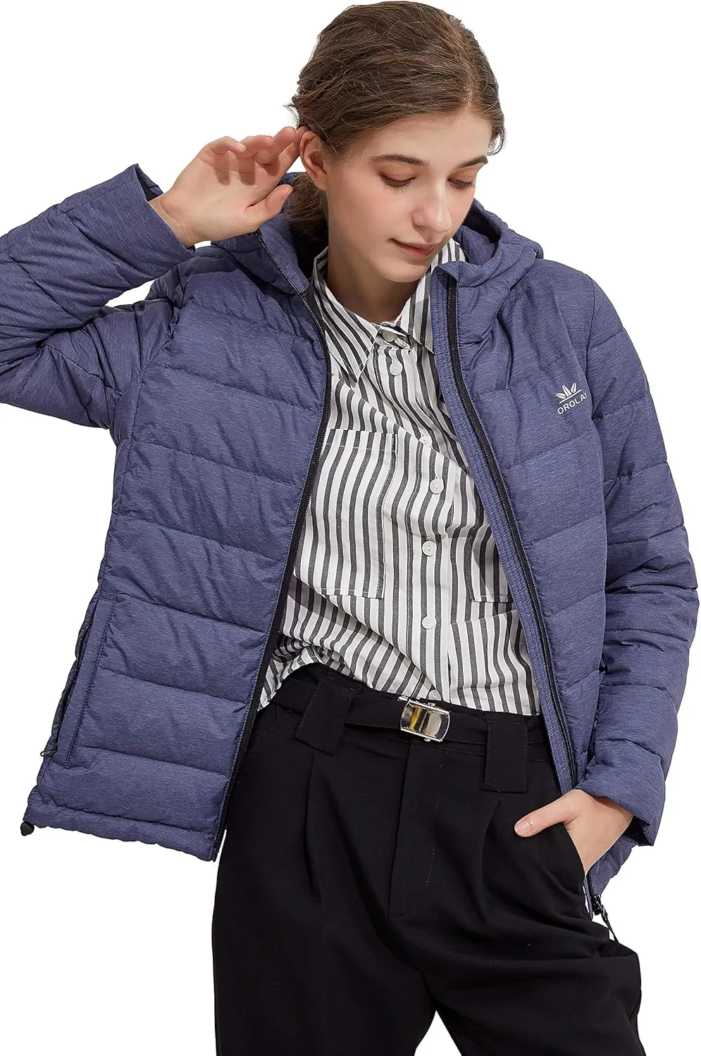 Orolay Women's Light Hooded Down Jacket Bubble Coat Packable Quilted Puffer Jacket