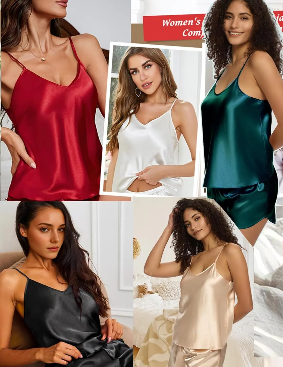 Pajama Sets for Women 2 Piece Silk Lingerie Sleepwear Satin Cami Pj Shorts Set Soft Nightwear
