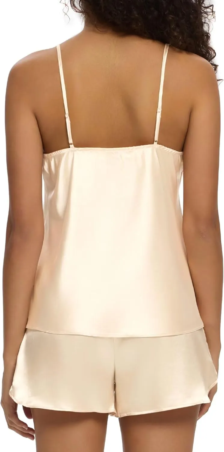 Pajama Sets for Women 2 Piece Silk Lingerie Sleepwear Satin Cami Pj Shorts Set Soft Nightwear