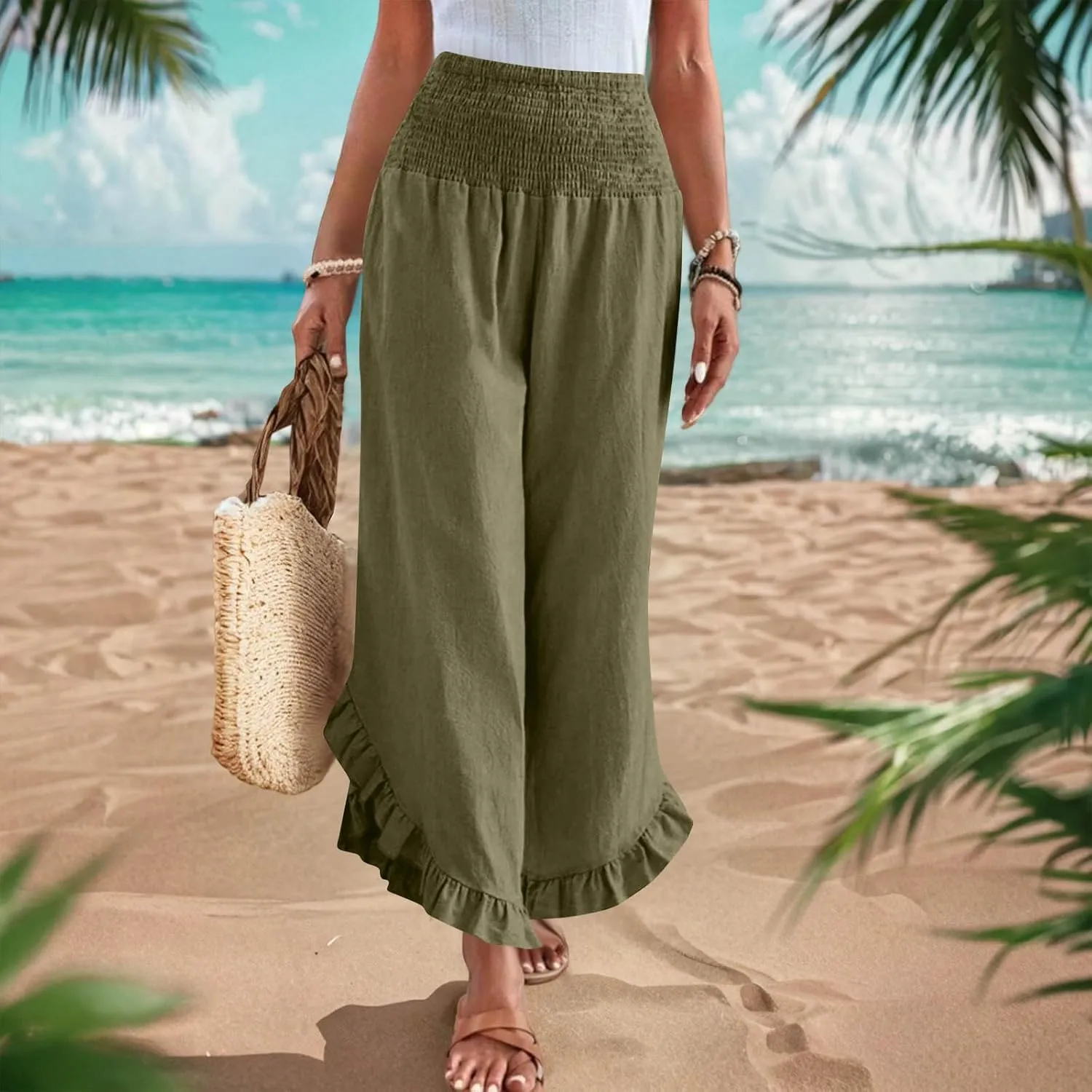 Palazzo Pants for Women Stretch Smocked High Waisted Ruffle Hem Loose Fit Pant Summer Casual Linen Wide Leg Trousers