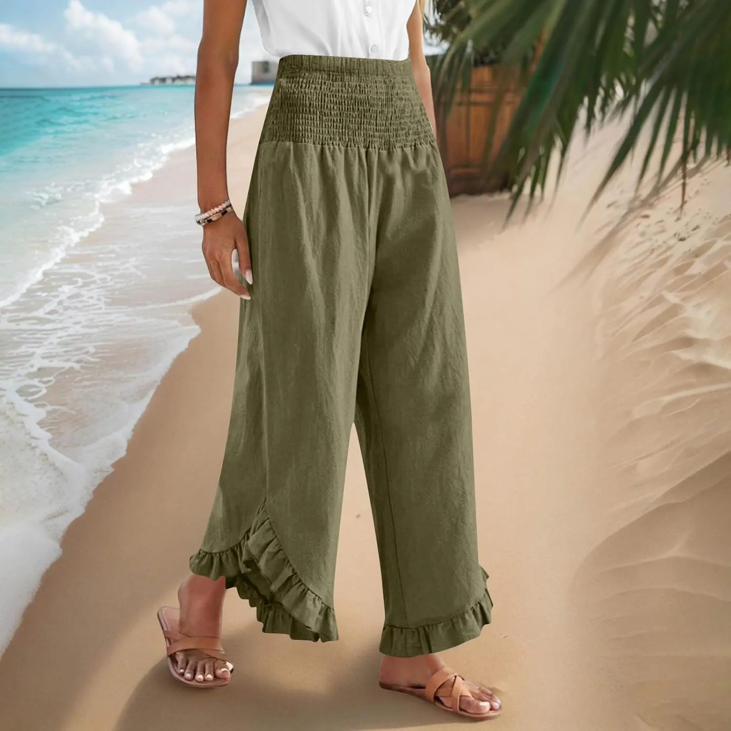 Palazzo Pants for Women Stretch Smocked High Waisted Ruffle Hem Loose Fit Pant Summer Casual Linen Wide Leg Trousers