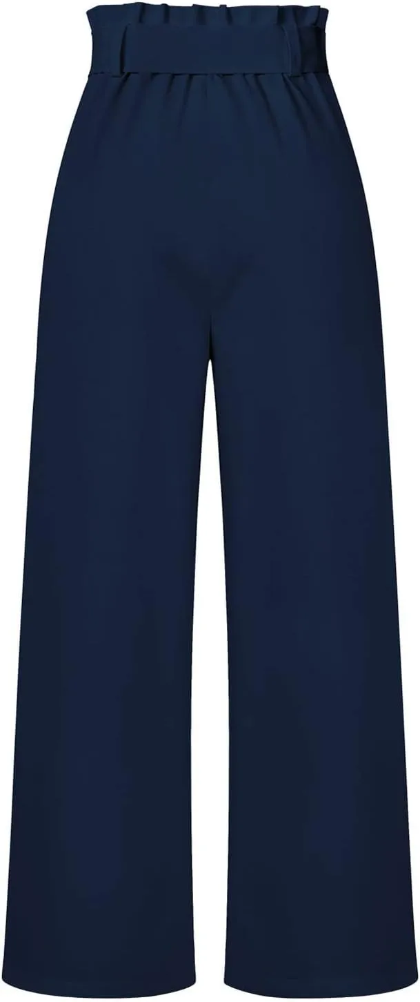 Paper Bag Pants Women High Waist Summer Casual Wide Leg Palazzo Pant Elegant Belted Long Trousers with Pockets