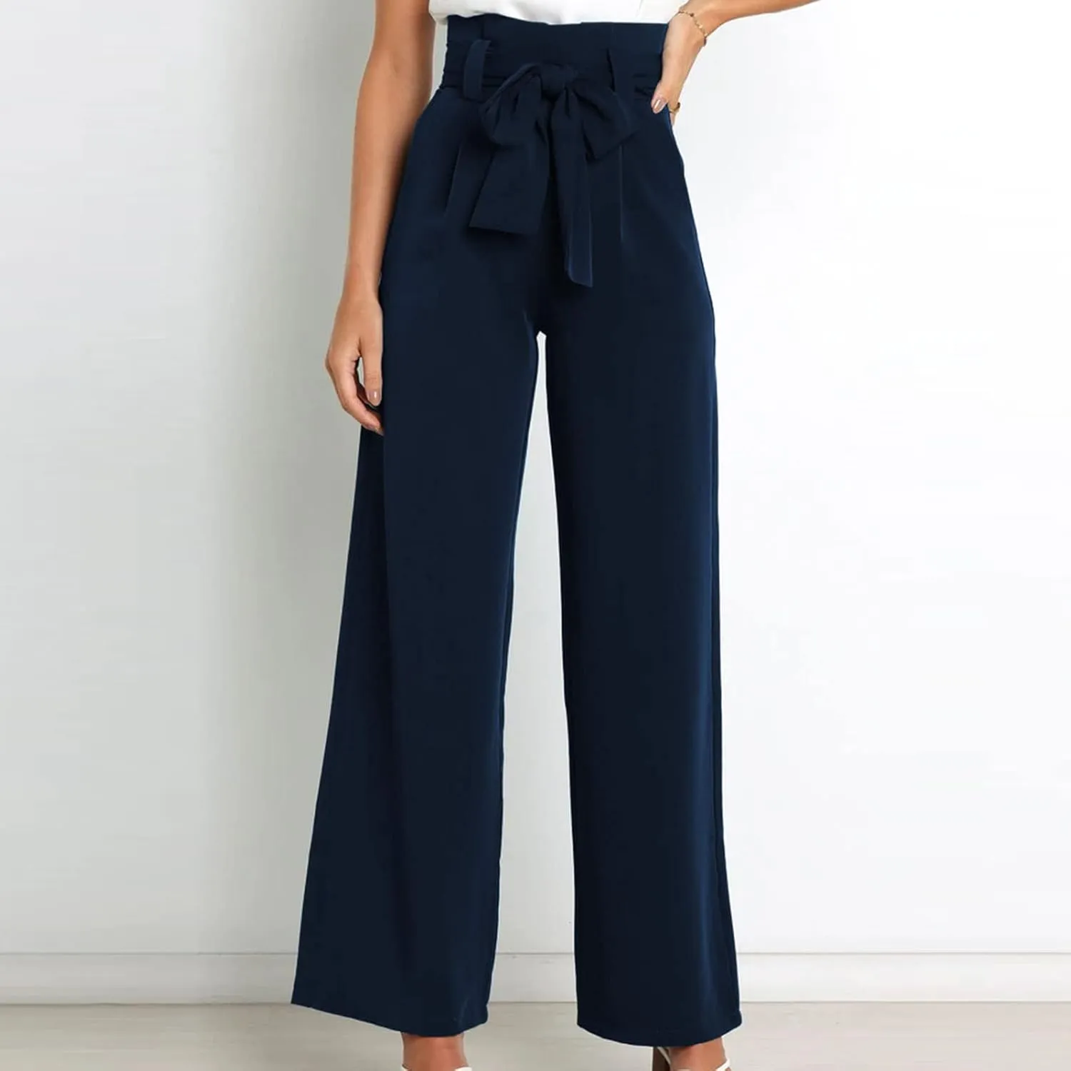 Paper Bag Pants Women High Waist Summer Casual Wide Leg Palazzo Pant Elegant Belted Long Trousers with Pockets