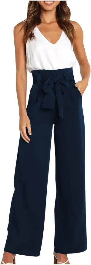 Paper Bag Pants Women High Waist Summer Casual Wide Leg Palazzo Pant Elegant Belted Long Trousers with Pockets