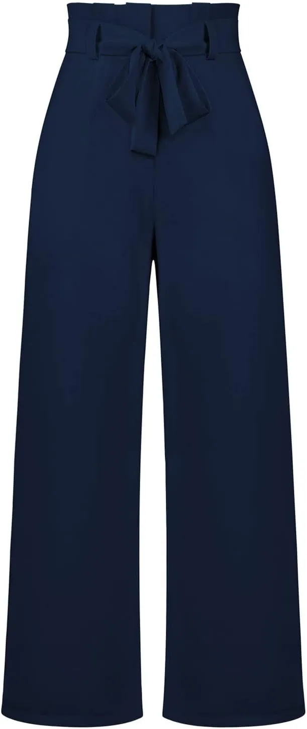 Paper Bag Pants Women High Waist Summer Casual Wide Leg Palazzo Pant Elegant Belted Long Trousers with Pockets