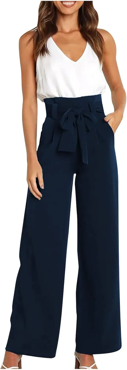 Paper Bag Pants Women High Waist Summer Casual Wide Leg Palazzo Pant Elegant Belted Long Trousers with Pockets