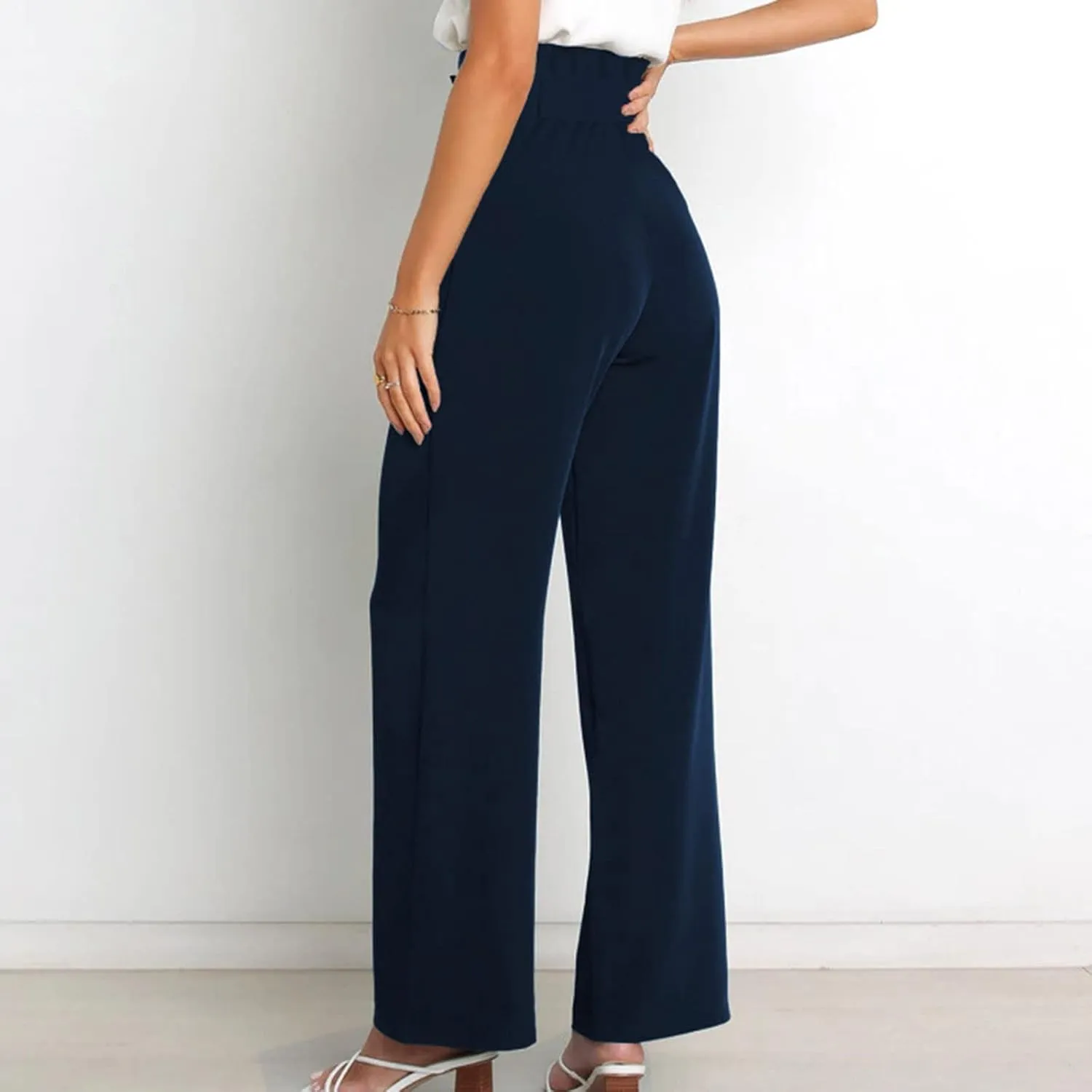 Paper Bag Pants Women High Waist Summer Casual Wide Leg Palazzo Pant Elegant Belted Long Trousers with Pockets