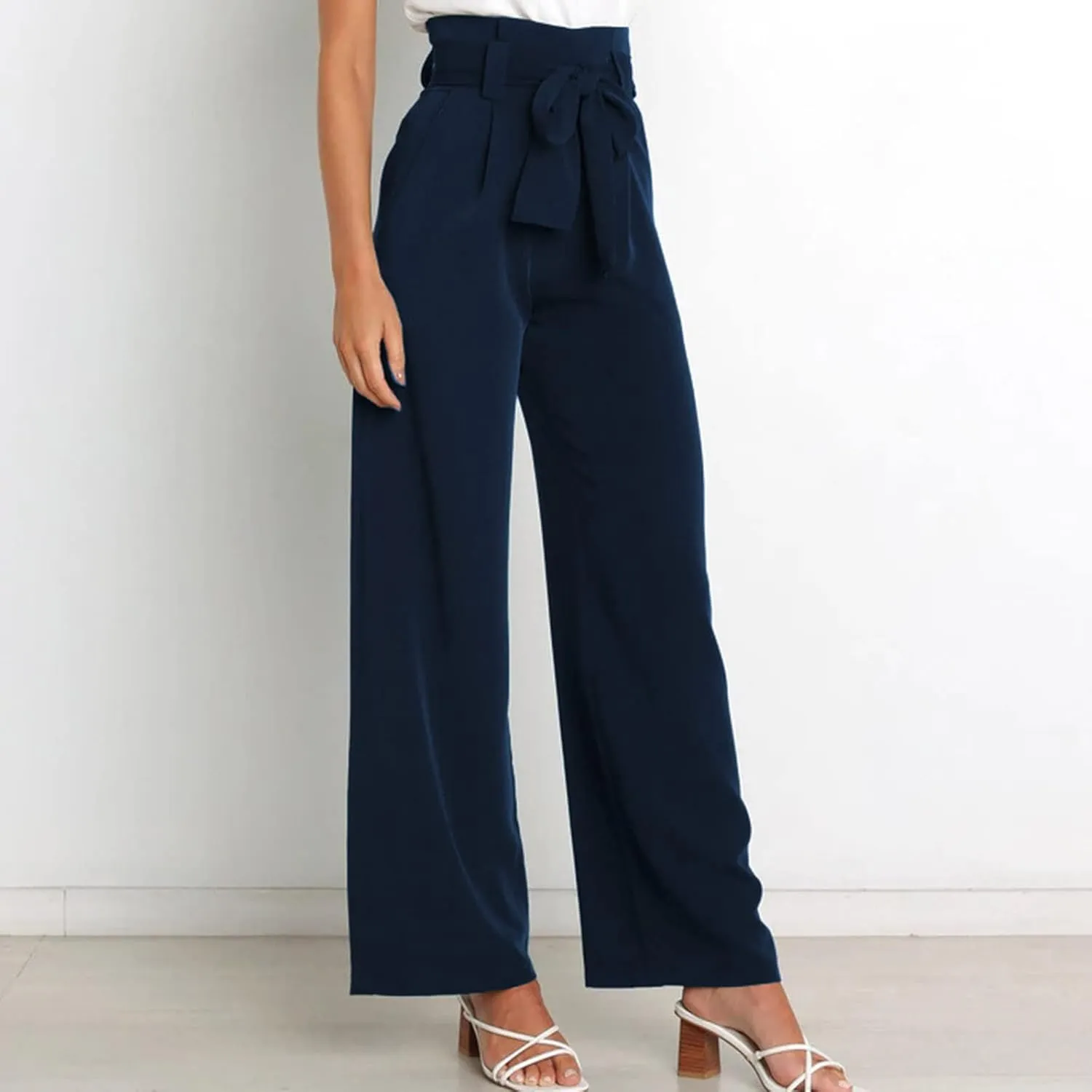 Paper Bag Pants Women High Waist Summer Casual Wide Leg Palazzo Pant Elegant Belted Long Trousers with Pockets