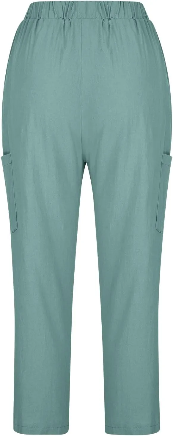 Petite Cotton Linen Cropped Pants for Women Casual Summer Loose Fit Stretch Waist Trousers Lightweight Pajamas Slacks