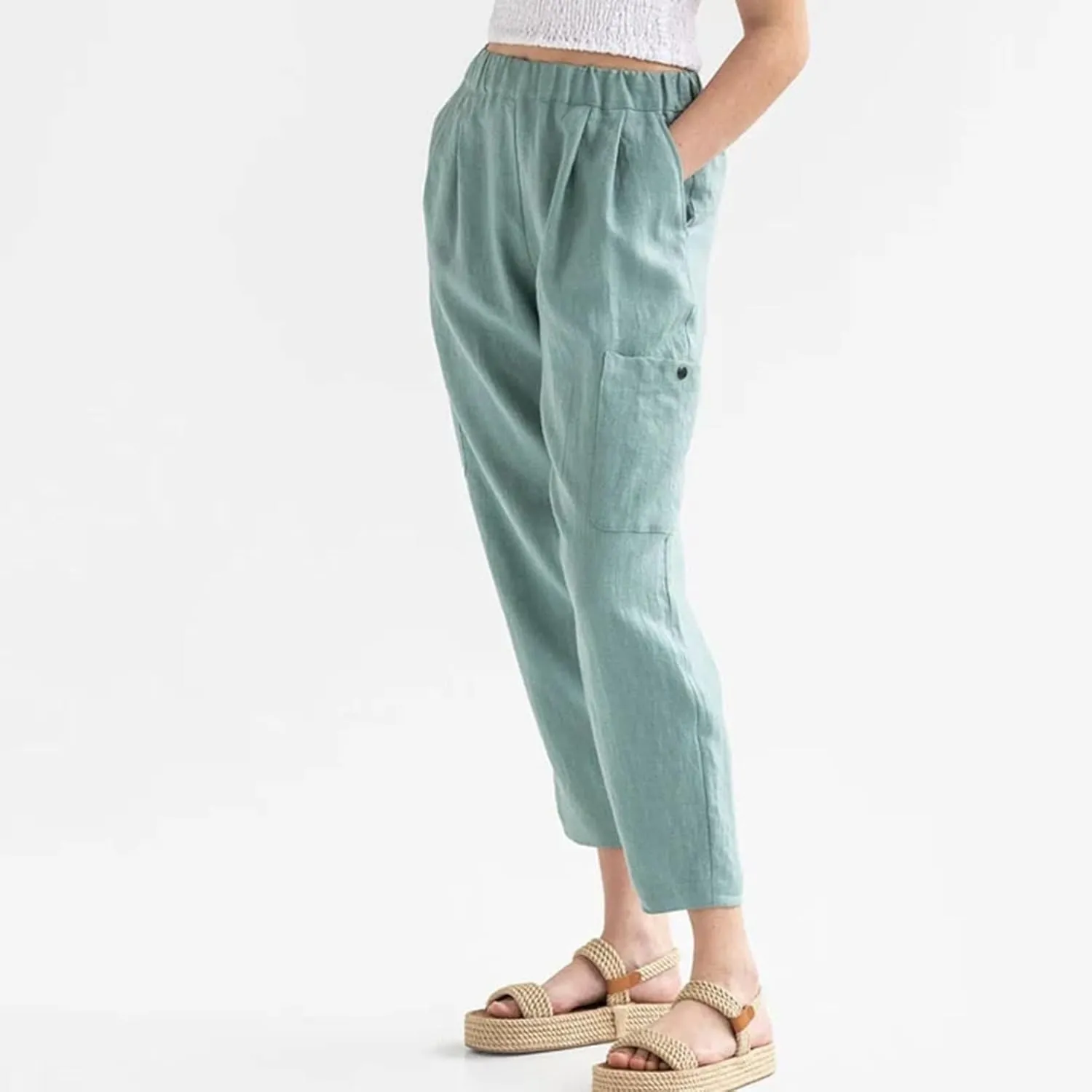 Petite Cotton Linen Cropped Pants for Women Casual Summer Loose Fit Stretch Waist Trousers Lightweight Pajamas Slacks