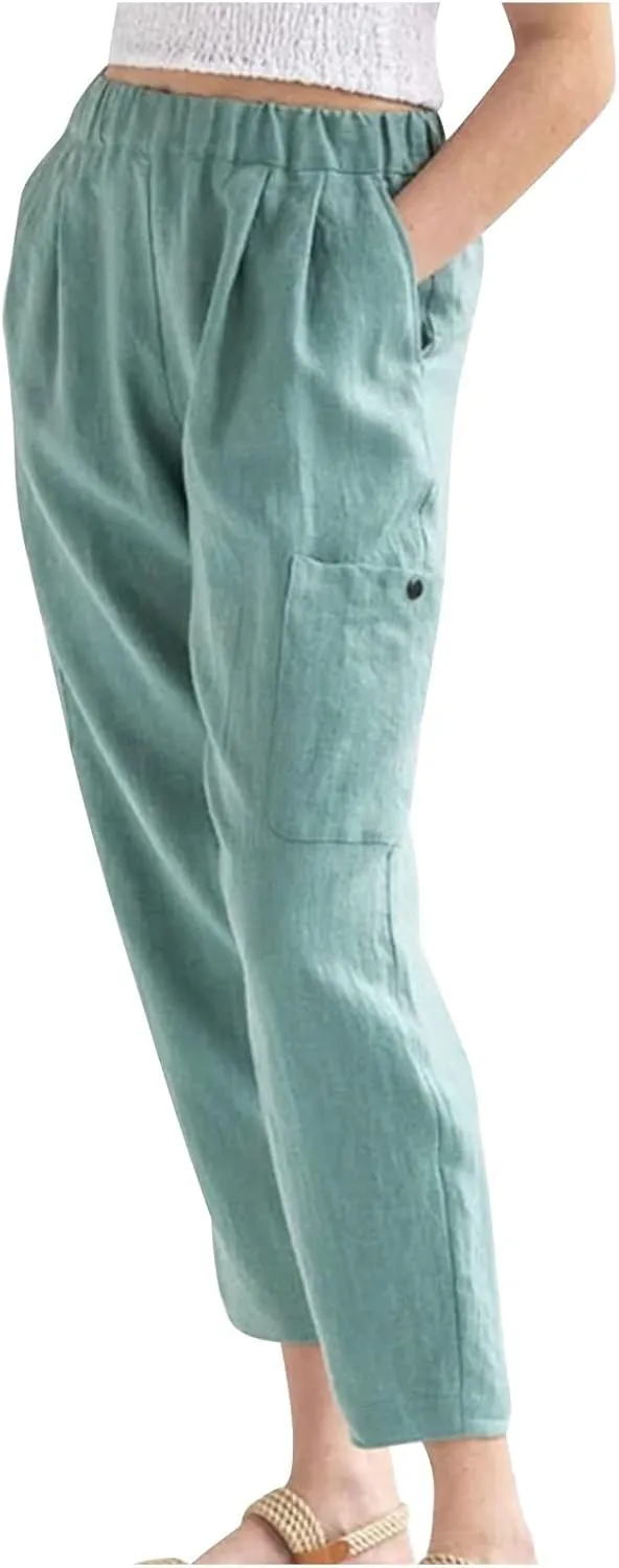 Petite Cotton Linen Cropped Pants for Women Casual Summer Loose Fit Stretch Waist Trousers Lightweight Pajamas Slacks