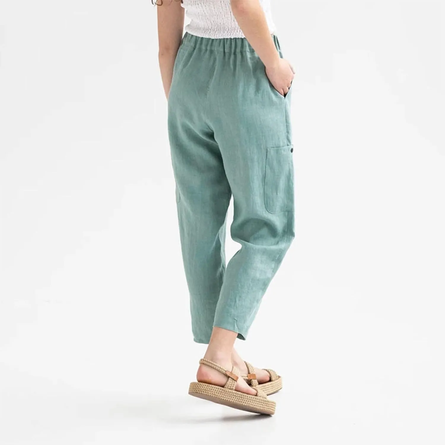 Petite Cotton Linen Cropped Pants for Women Casual Summer Loose Fit Stretch Waist Trousers Lightweight Pajamas Slacks