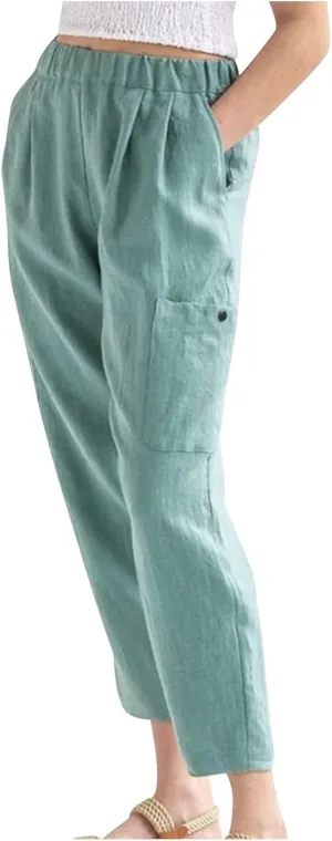 Petite Cotton Linen Cropped Pants for Women Casual Summer Loose Fit Stretch Waist Trousers Lightweight Pajamas Slacks