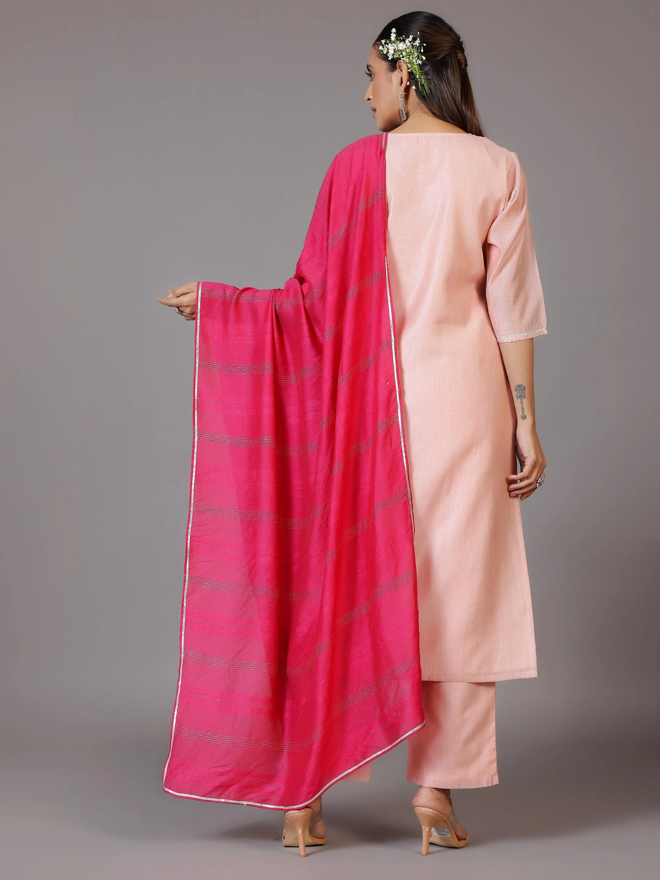 Pink Yoke Design Chanderi Silk Straight Kurta With Trousers & Dupatta