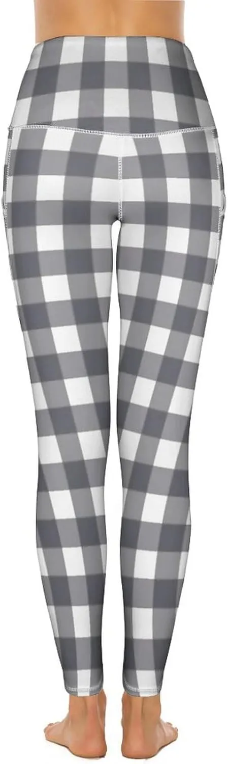Plaid Women Leggings High Waist Yoga Pants with Pockets for Women Tummy Control Workout Trousers