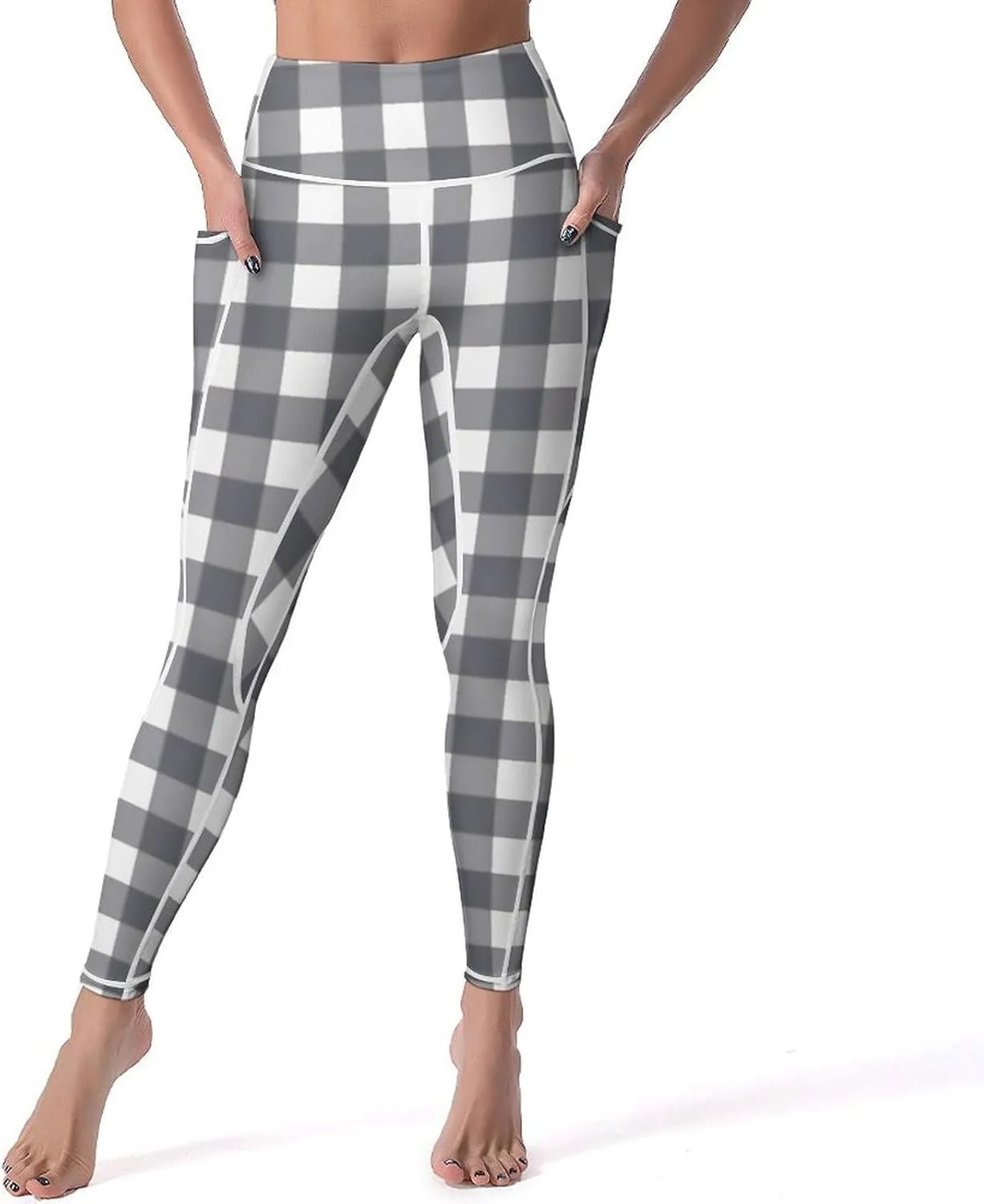Plaid Women Leggings High Waist Yoga Pants with Pockets for Women Tummy Control Workout Trousers