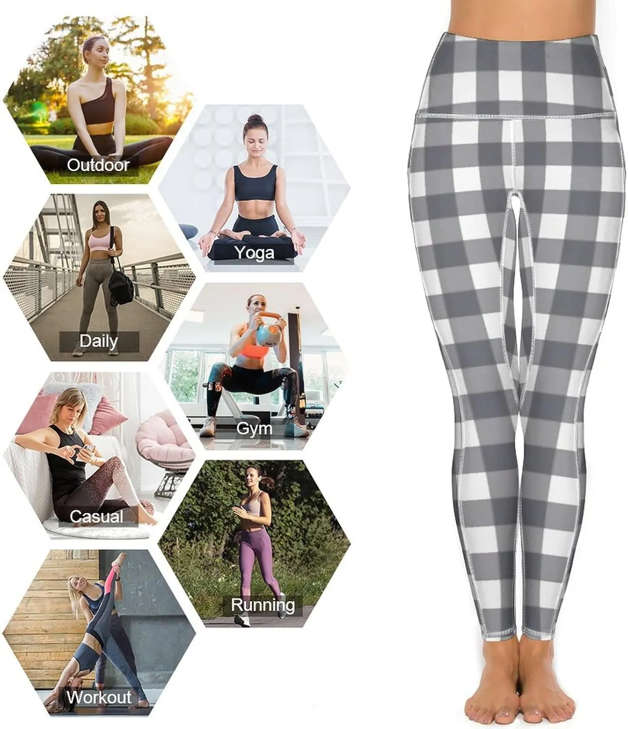 Plaid Women Leggings High Waist Yoga Pants with Pockets for Women Tummy Control Workout Trousers