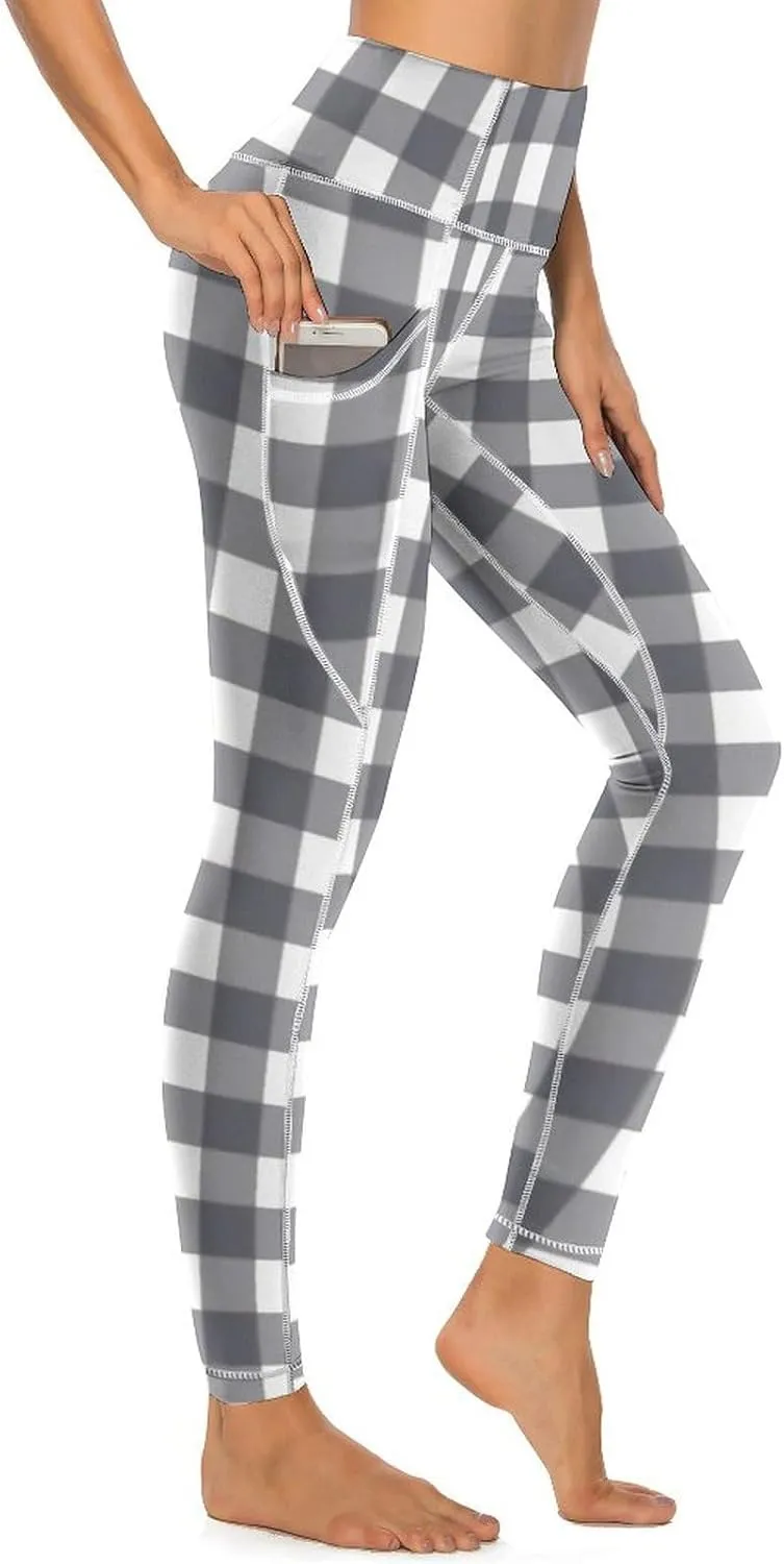 Plaid Women Leggings High Waist Yoga Pants with Pockets for Women Tummy Control Workout Trousers
