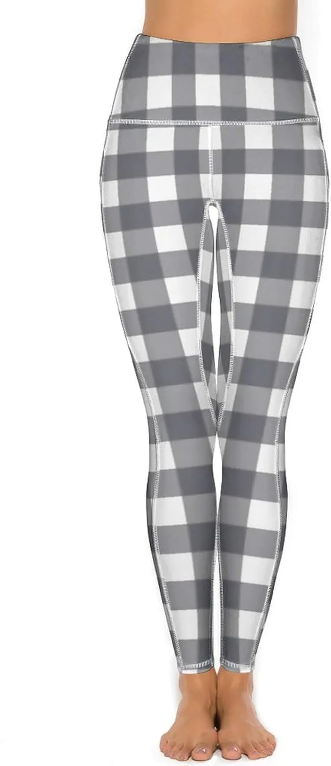 Plaid Women Leggings High Waist Yoga Pants with Pockets for Women Tummy Control Workout Trousers