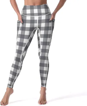 Plaid Women Leggings High Waist Yoga Pants with Pockets for Women Tummy Control Workout Trousers