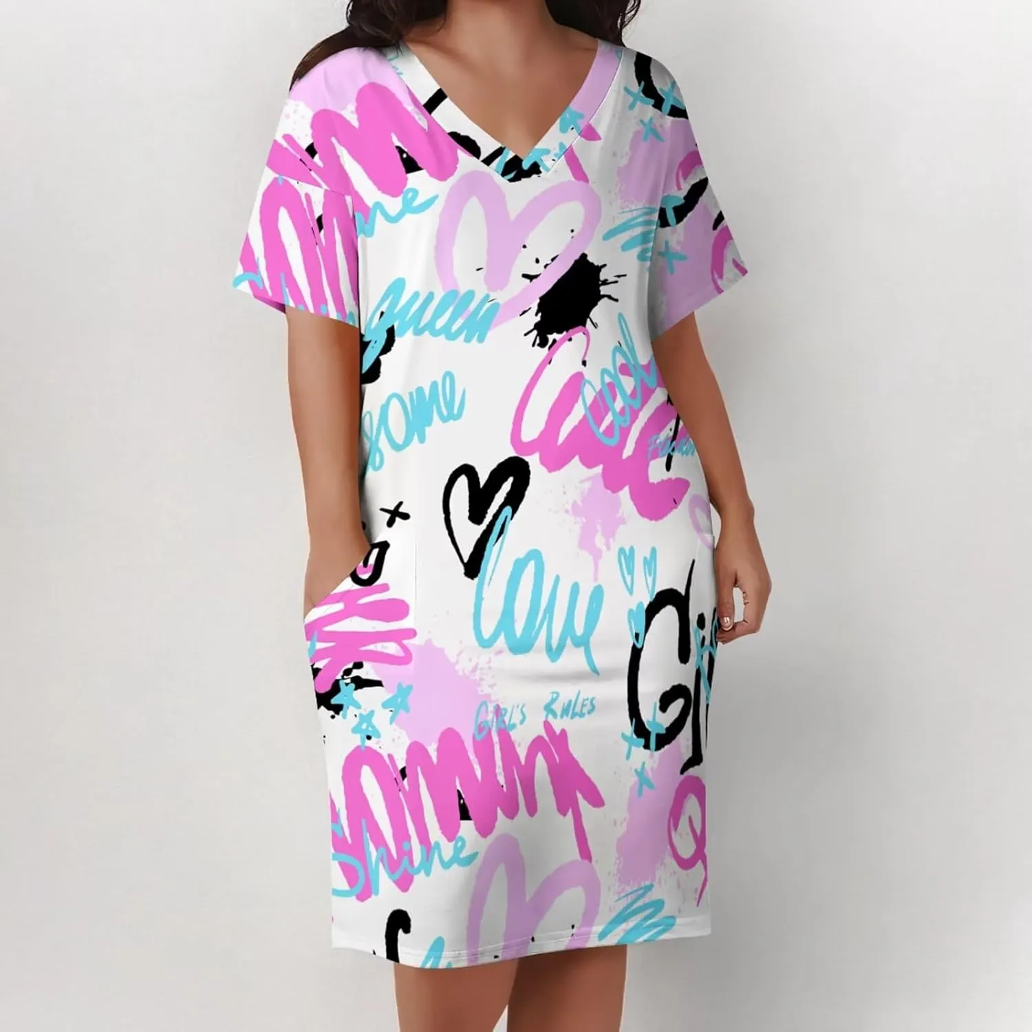 Plus Size Dresses for Curvy Women Summer Casual Graffiti V-Neck Short Sleeve with Pockets Loose A Line Midi Dress