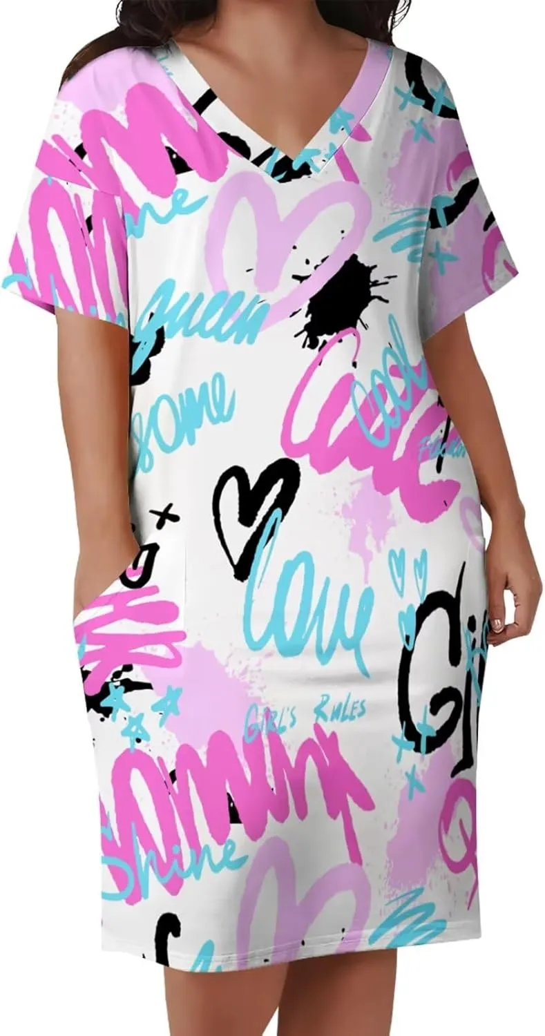 Plus Size Dresses for Curvy Women Summer Casual Graffiti V-Neck Short Sleeve with Pockets Loose A Line Midi Dress