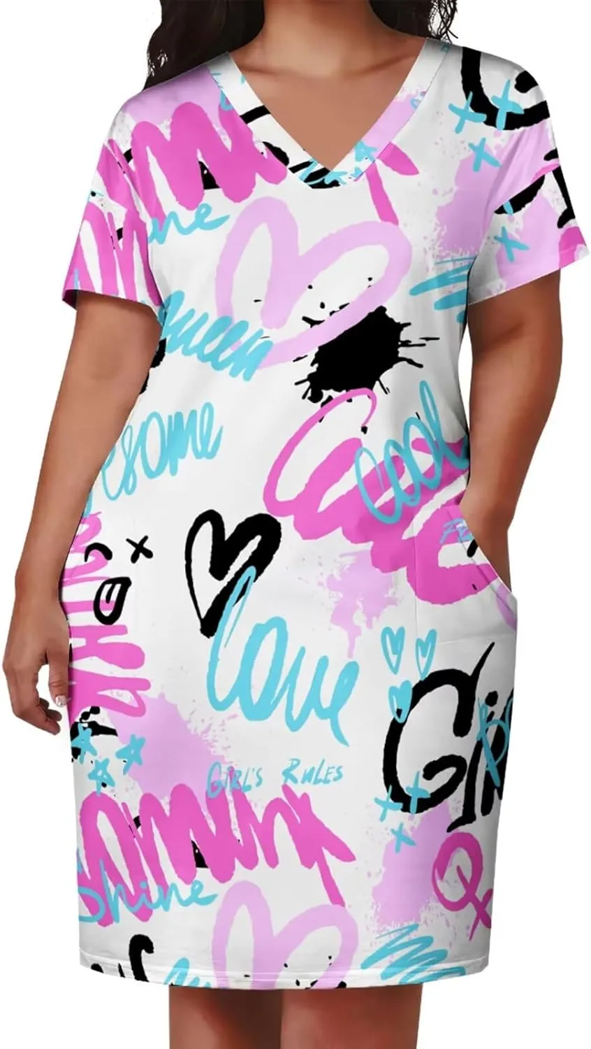 Plus Size Dresses for Curvy Women Summer Casual Graffiti V-Neck Short Sleeve with Pockets Loose A Line Midi Dress