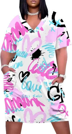 Plus Size Dresses for Curvy Women Summer Casual Graffiti V-Neck Short Sleeve with Pockets Loose A Line Midi Dress