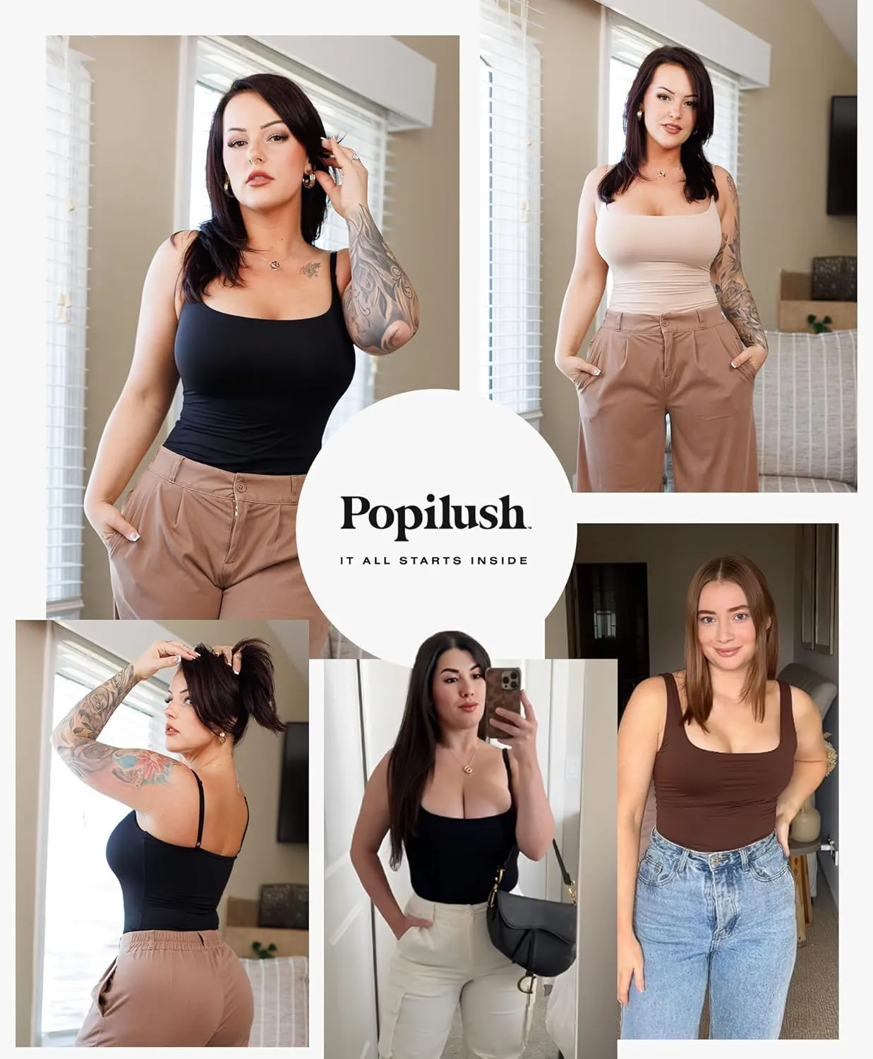Popilush Shapewear Bodysuit Tank Tops Shapewear Tummy Control Thong Bodysuit Double Lined Comfy Soft Body Suits