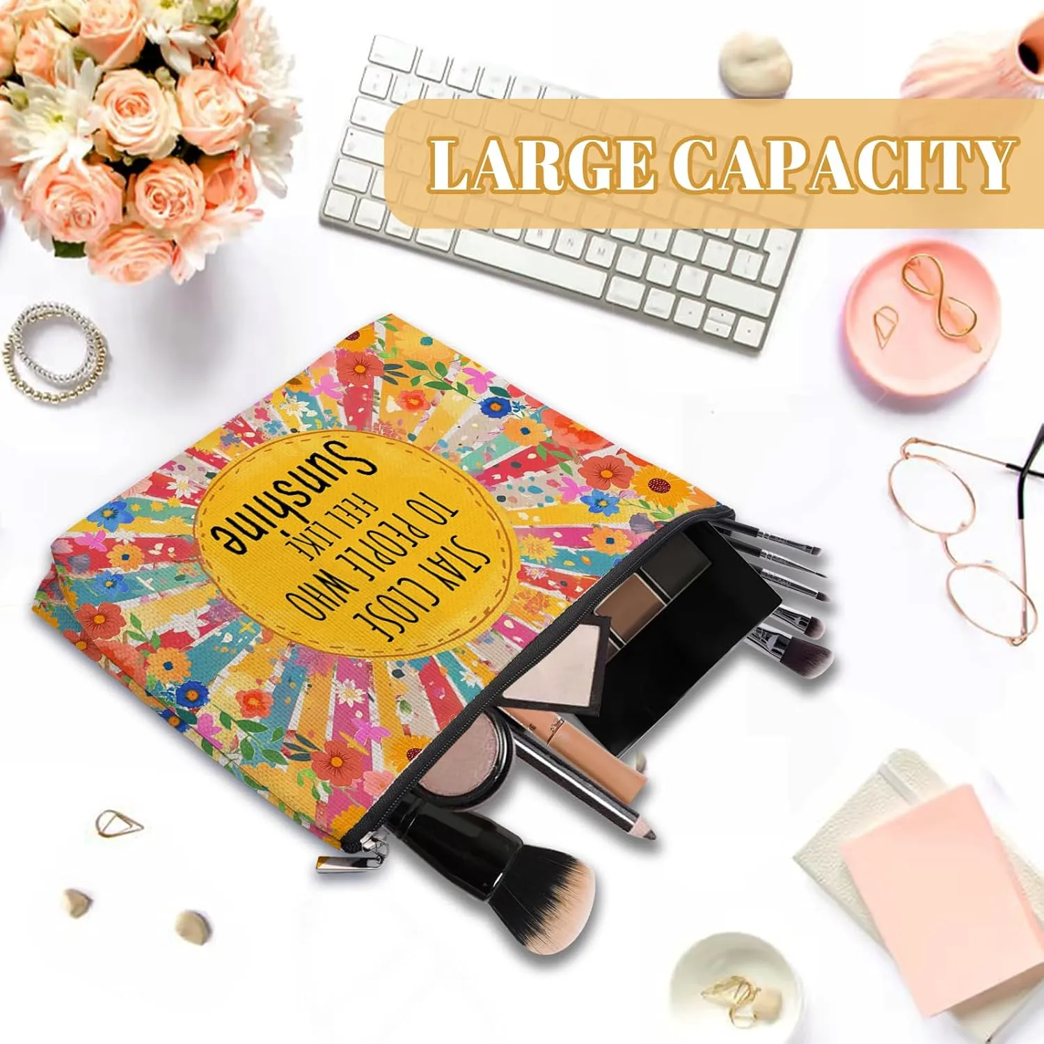 Positive Floral Makeup Bag, Flowers Inspirational Gifts For Women, Colorful Flower Sunshine Makeup Pouch, Boho Travel Toiletry Bag With Zipper, Birthday Anniversary Christmas Gifts For Mom Sister