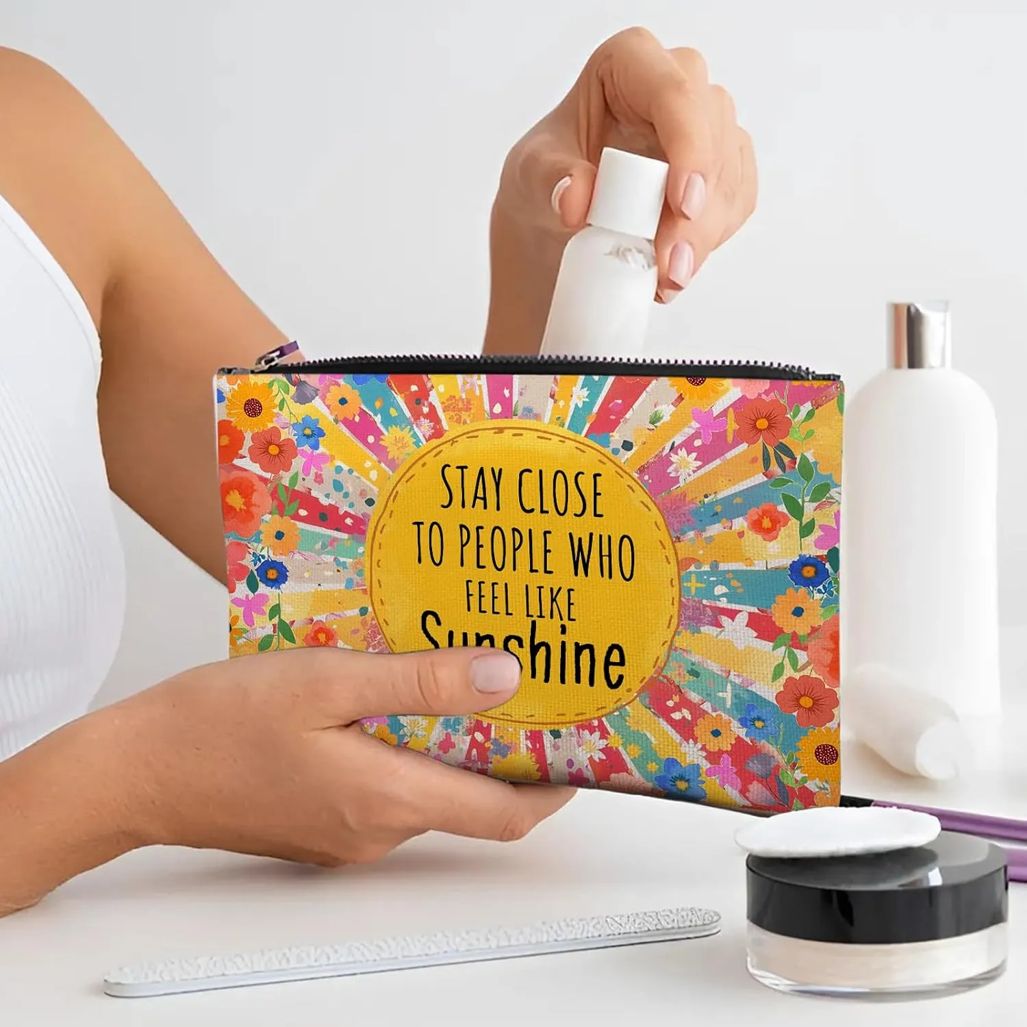 Positive Floral Makeup Bag, Flowers Inspirational Gifts For Women, Colorful Flower Sunshine Makeup Pouch, Boho Travel Toiletry Bag With Zipper, Birthday Anniversary Christmas Gifts For Mom Sister