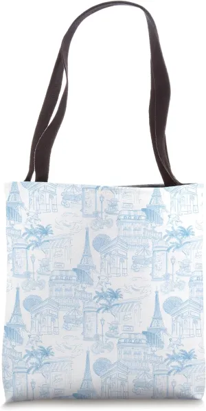Preppy Light Blue Paris Toile Cafe Poodle Eiffel Arc Trees Tote Bag