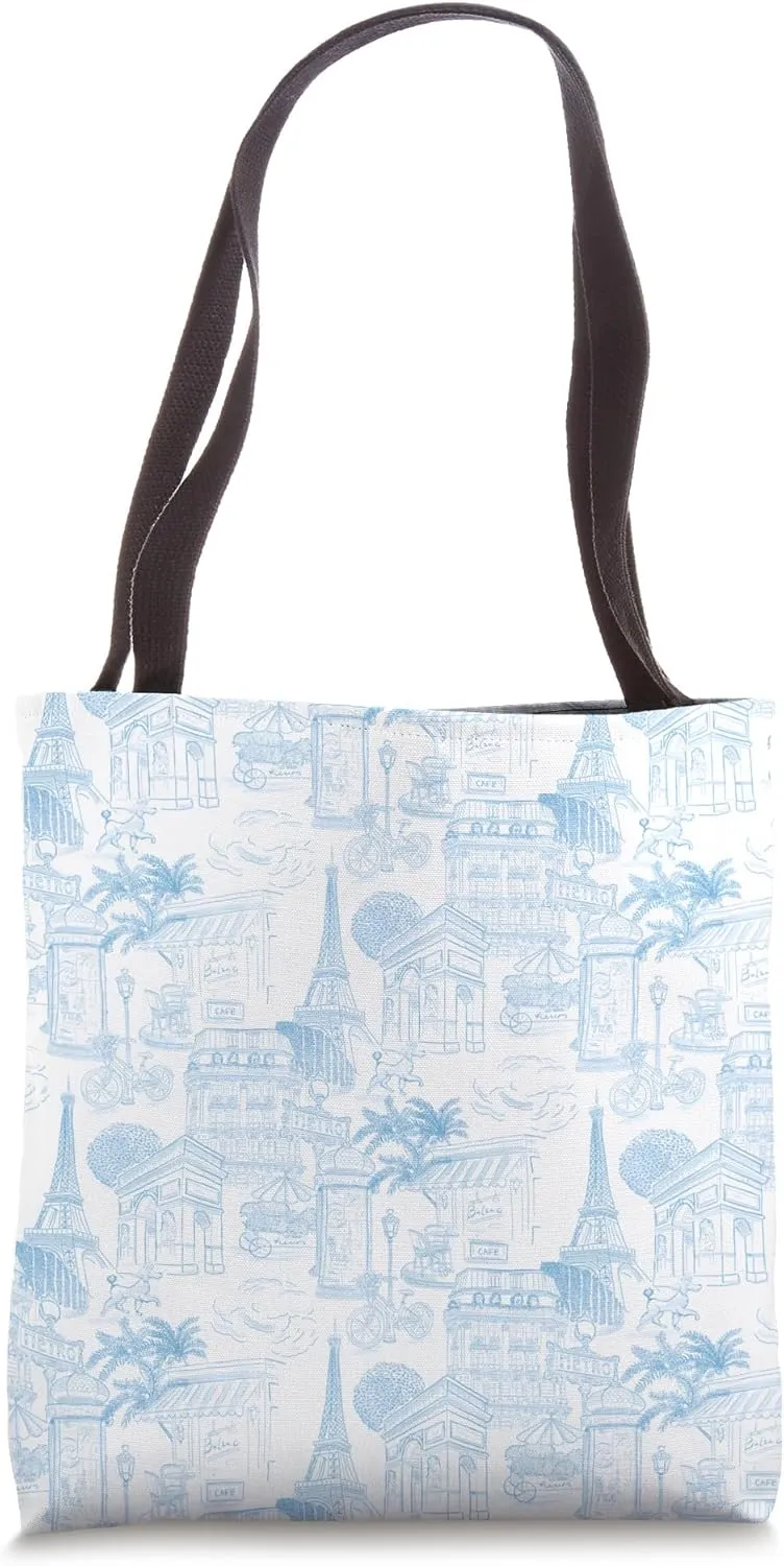 Preppy Light Blue Paris Toile Cafe Poodle Eiffel Arc Trees Tote Bag